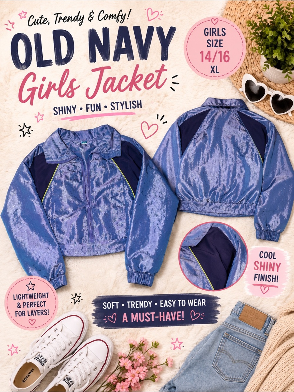 Old Navy Girls Shiny Cropped Jacket - Metallic Blue with Navy Panels
